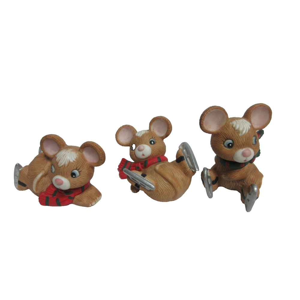 VINTAGE HOMCO 5113 PORCELAIN SET OF 3 CHRISTMAS SKATING MICE WITH SCARFS Taiwan